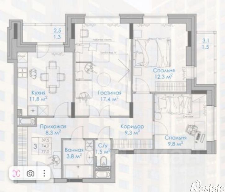 3-комн квартира в новом доме ул Московская, 155,  д. 155