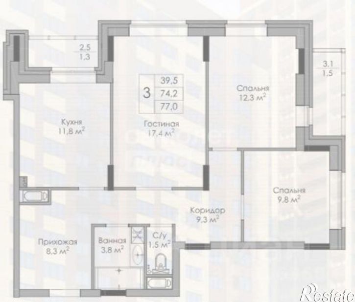 3-комн квартира в новом доме ул Московская, 155,  д. 155